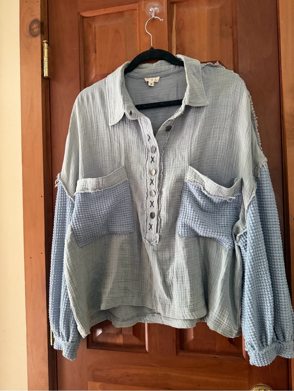 POL Light Blue Button-Down Pocket Pullover